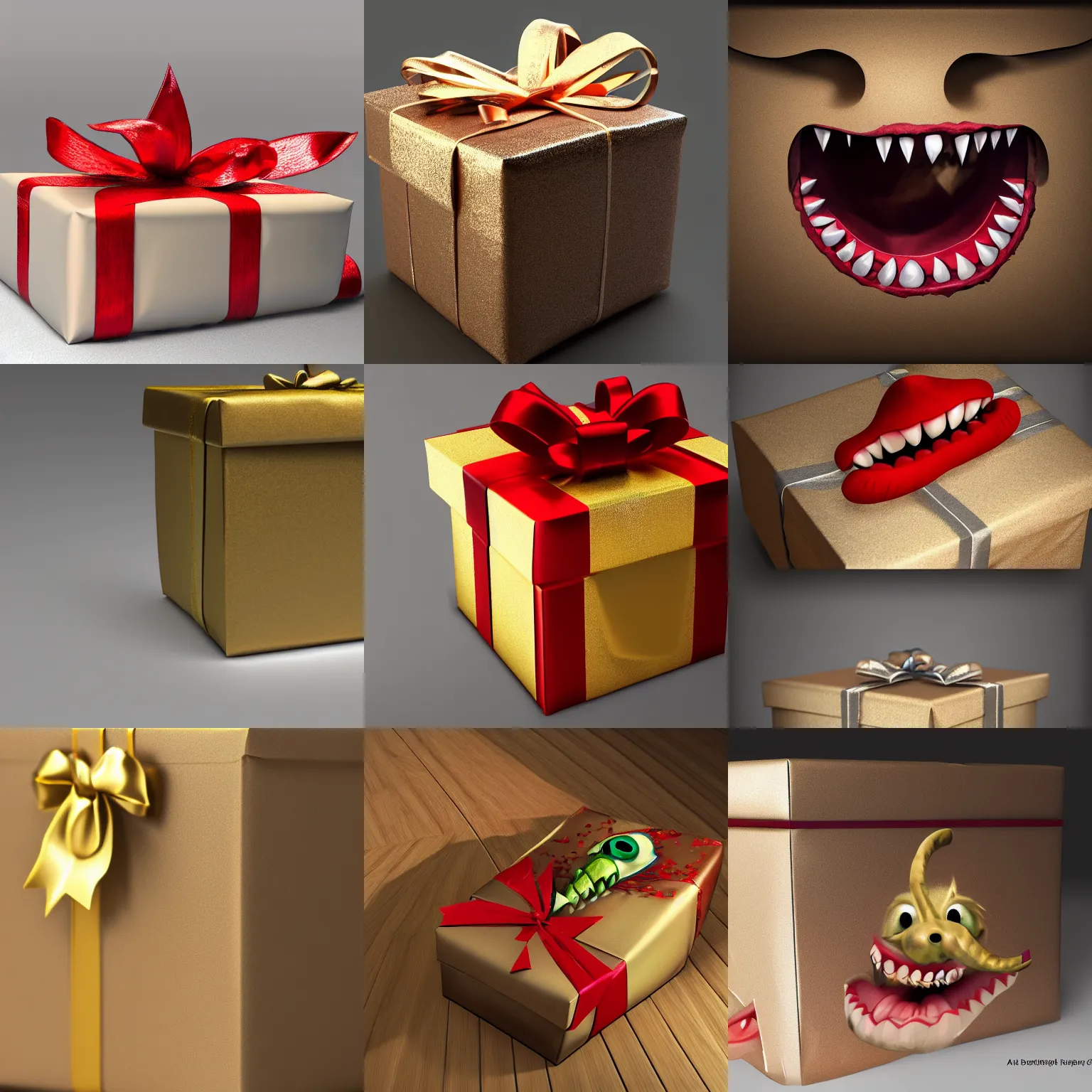Prompt: a beautiful wrapped gift box, a mouth with sharp teeth is on the side of the gift box, the box is lying on a table in the living room, digital art trending on artstation, realistic, 4 k, imax