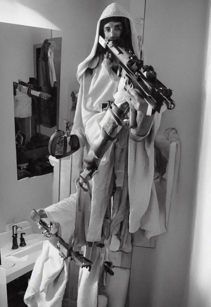 Prompt: jesus christ posing on instagram in his bathroom with an m 1 6