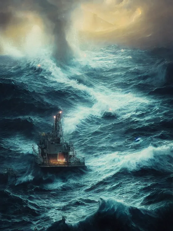 Prompt: photo of 8k ultra realistic burning oil rig at sea, heavy storm, rain, large waves, full of colour, cinematic lighting, battered, trending on artstation, 4k, hyperrealistic, focused, extreme details,unreal engine 5, cinematic, masterpiece, art by Peter Mohrbacher
