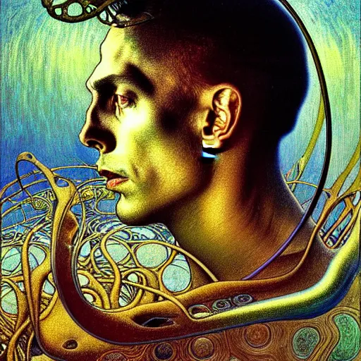 Image similar to realistic extremely detailed portrait painting of an average futuristic man by Jean Delville, Amano, Yves Tanguy, Alphonse Mucha, Ernst Haeckel, Edward Robert Hughes, Roger Dean, rich muted pastel moody colors, gold eyes