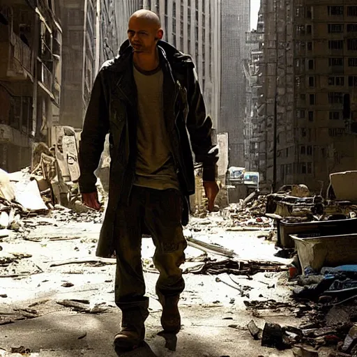 Image similar to Drake as Robert Neville in I Am Legend (2007), post apocalyptic city, environment 8k, ruins