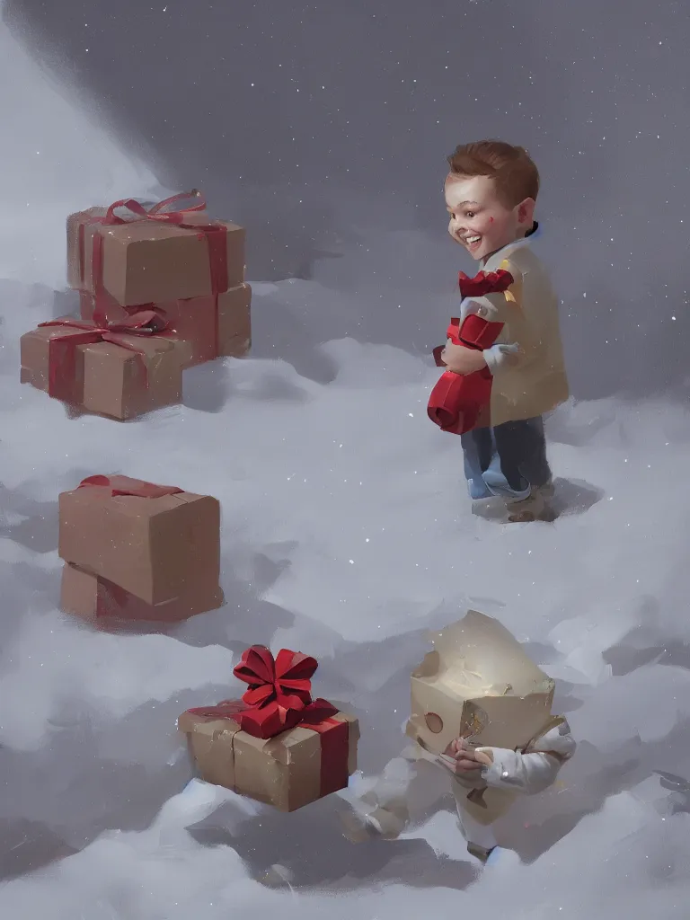 Prompt: a cute boy with a giftbox with bow and ribbon in a painting from stalenhag, 4 k, 8 k, hdr, artstation, concept art