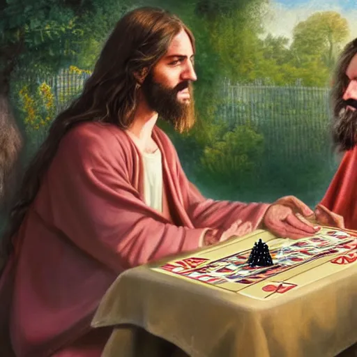 Image similar to Jesus and Satan playing cards in a garden, photorealistic, award winning, 8k, trending on major art outlets,