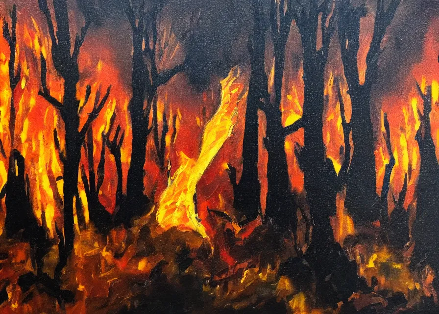 Image similar to black church on fire in a dark spikey forest, oil painting