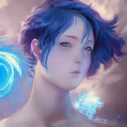 Prompt: a girl with short blue hair and blue eyes is sitting on a cloud, anime style, light effect, anime style hyper detailed, illustration, bloody, intricate, elegant, digital painting, artstation, smooth, sharp focus, art by artgerm and greg rutkowski and alphonse mucha.