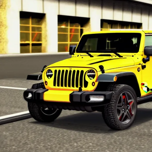 Image similar to yellow jeep wrangler and mercedes cla 4 5 amg gta 5 style digital art