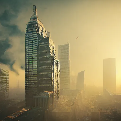 Prompt: a giant cat destroying skyscrapers in a large city, smoke and destruction, conecpt art, cinematic, highly detailed, ornate, intricate detail, 4K, realistic, octane render, unreal engine