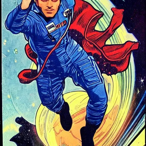 Image similar to a man resembling sebastian stan, floating in space. he is an astronaut, wearing a space suit. well composed, clean elegant painting, beautiful detailed face. comic book art by steve ditko and jack kirby and ( alphonse mucha )