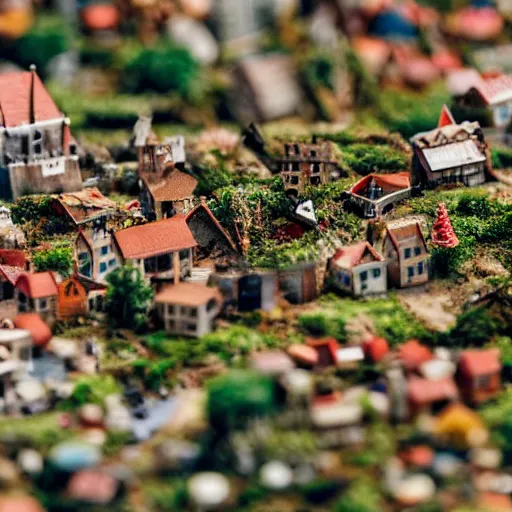 Prompt: macro photo of a miniature secret hidden world with tiny buildings and people invaded by giant ants