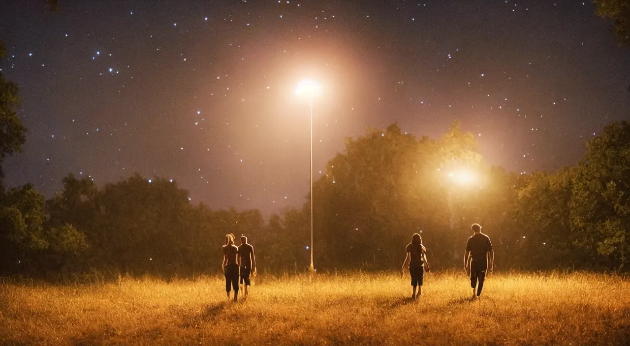 Image similar to a couple walking in the middle of fireflies the color of the moon, cinematic lighting, wow, establishing shot