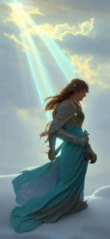 Image similar to angel, big wings, hudson river school, full plate armor with cloth, f 1 6, bokeh, gentle, female, snowy mountain, storm clouds, god rays, landscape, d & d, fantasy, elegant, teal pink white gold color palette, concept art, artgerm and greg rutkowski and alphonse mucha