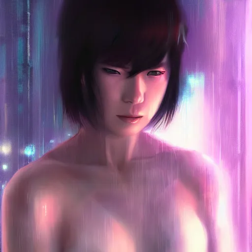 Prompt: Picture of Motoko Kusanagi in Blade Runner by wlop, elegant, digital painting, highly detailed, fantasy, artstation, concept art, smooth, sharp focus, illustration