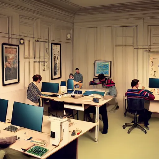 Image similar to room with a lot of people working on their computers and a cropped seat in the middle of the frame, directed by wes anderson, highly detailed, photorealistic, hd, 8k.