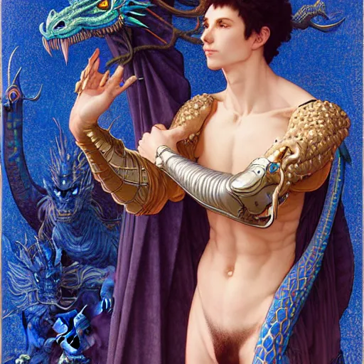 Image similar to half length portrait of a medieval fantasy anthropomorphic male blue dragon with electrcity magic, fantasy, d & d, high details, art by ( ( ( kuvshinov ilya ) ) ) and wayne barlowe and gustav klimt and artgerm and wlop and william - adolphe bouguereau