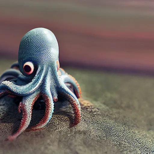 Image similar to miniature 3 d set of a friendly, cute octopus in a small village, with shallow depth of field, by studio ghibli