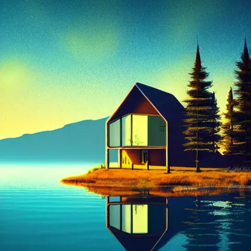 Image similar to small sci - fi cottage at the edge of a lake in the mountains, retro illustration on parchment, soft glowing windows, early evening, reflections, pine trees,