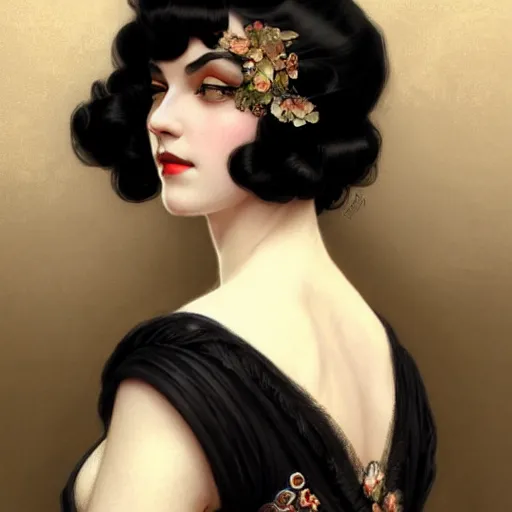 Image similar to a woman with black hair, dressed in 1920's fashion, D&D, fantasy, intricate, elegant, highly detailed, digital painting, artstation, concept art, matte, sharp focus, illustration, art by Artgerm and Greg Rutkowski and Alphonse Mucha