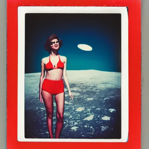 Image similar to vintage polaroid of a woman in a bikini on the surface of the moon landing, detailed clouds, warm azure tones, red color bleed, film grain