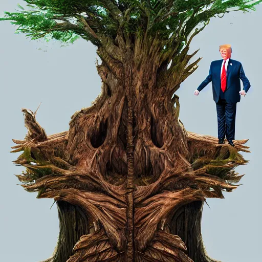 Image similar to donald trump is fused into a tree stump, hyperdetailed, artstation, cgsociety, 8 k