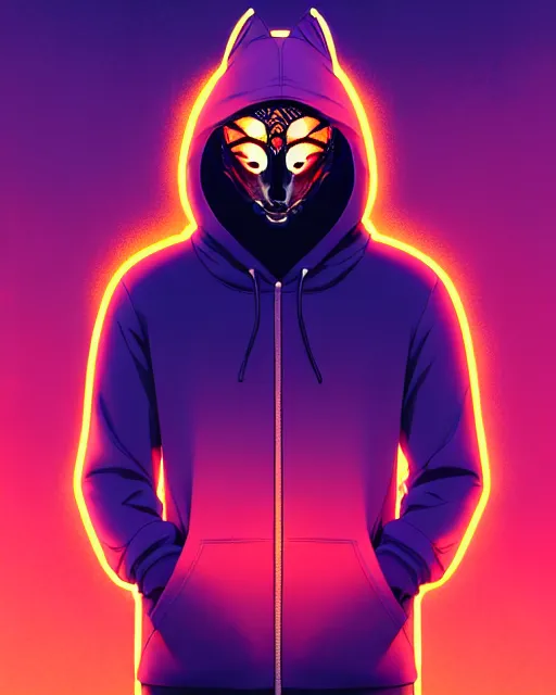 Image similar to synthwave, hyper - realistic portrait of a man in a hoodie, with kitsune mask, intricate, 4 k, by atey ghailan, by greg rutkowski, by greg tocchini, by james gilleard, by joe fenton, by kaethe butcher, dynamic lighting, lighting color scheme, sharp focus, grunge aesthetic