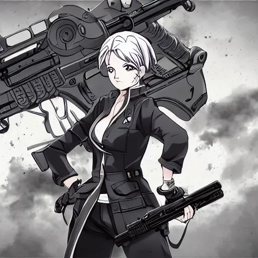 Image similar to woman standing holding large gun in cityscape, flooding, manga style, rwby, shonin jump, black and white, line art