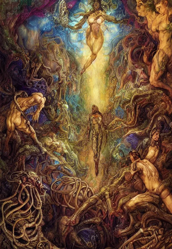 Image similar to colorful muscular eldritch bodies radiating town fractal, by h. r. giger and esao andrews and maria sibylla merian eugene delacroix, gustave dore, thomas moran, pop art, chiaroscuro, biopunk, art nouveau