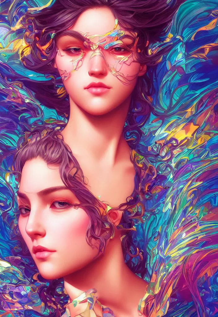 Image similar to beautiful, young woman, detailed gorgeous face, vaporwave aesthetic, synthwave, colorful, psychedelic, artstation, concept art, smooth, extremely sharp detail, finely tuned detail, ultra high definition, 8 k, unreal engine 5, ultra sharp focus, illustration, art by artgerm and greg rutkowski and alphonse mucha