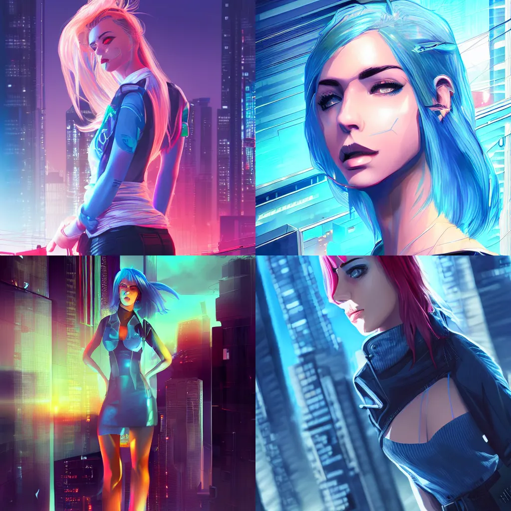 Prompt: an attractive young female on top of the neon skyscraper with strong winds, cyberpunk, illustration, sharp focus, concept art, artstation, digital painting, highly detailed, smooth, blue hair, in the style of Narcos