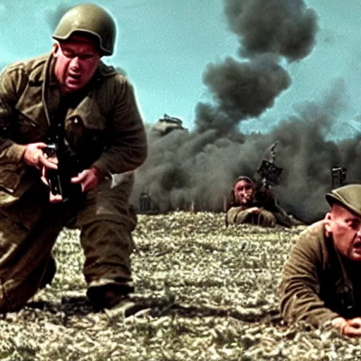 Prompt: movie still from saving private ryan but everyone is obese