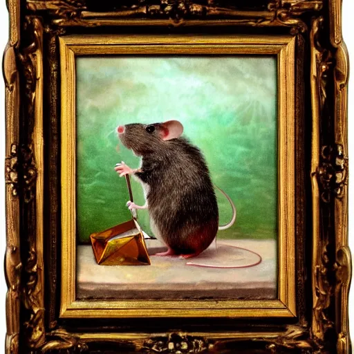 Image similar to armored mouse reaches for floating crystal, famous oil painting, award winning, 8k scan