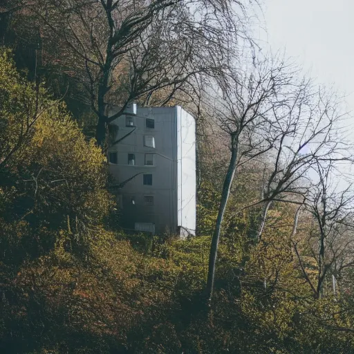 Prompt: sci fi nuclear containment buildings in a steep sided valley with trees and small office buildings, a sense of hope and optimism, birds overhead, stark light, day time, unsplash, national geographic, hd, high res