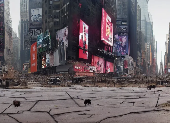 Image similar to film still of post apocalyptic empty time square, overgrown with wildlife walking through in the new sci - fi movie, 8 k