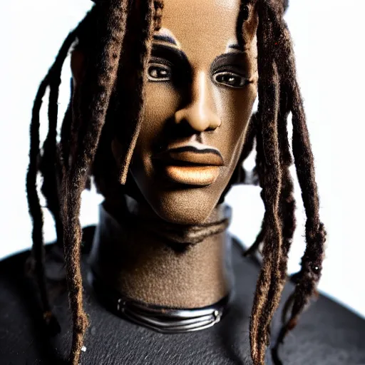 Image similar to travis scott action figure with dreads standing on top of a black rc pickup truck, close up studio photograph, white background