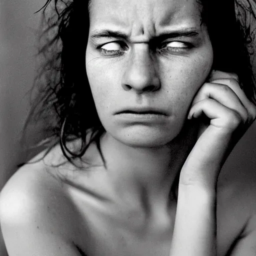 Image similar to a candid extreme closeup portrait of an expressive face of a tormented young woman by annie leibovitz