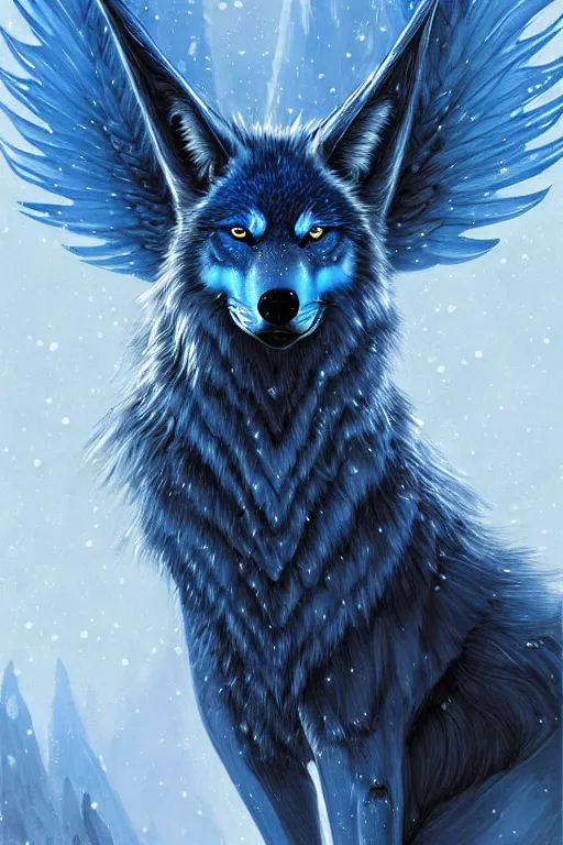 Image similar to blue wolf with wings, facing front, regal, elegant, winter, snow, beautiful, stunning, hd, illustration, epic, d & d, fantasy, intricate, elegant, highly detailed, digital painting, artstation, concept art, smooth, sharp focus, illustration, wallpaper, art by artgerm and greg rutkowski and alphonse mucha and jin xiaodi