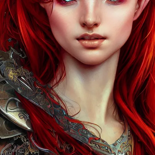 Image similar to highly detailed closeup portrait of beautiful elf woman with red hair, very detailed, realistic, card, by Stanley Artgerm Lau, greg rutkowski, thomas kindkade, alphonse mucha, loish, norman rockwell J.