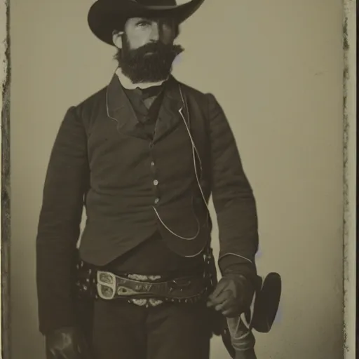 Prompt: cowboy Arthur Morgan dramatic lighting late 1800s Daguerreian photo by Mathew Brady