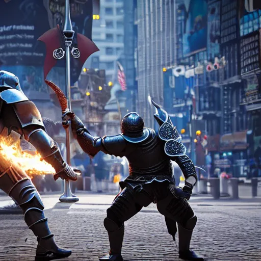 Image similar to a knight fighting a dragon in Times Square, unreal engine, 8k, photo realistic