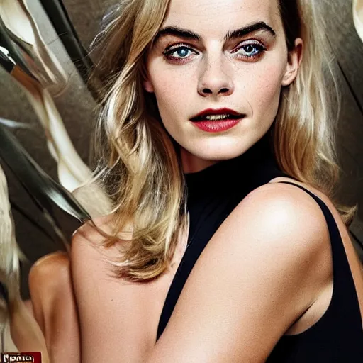 Image similar to a woman who is a genetic combination of margot robbie and emma watson face and upper - body focus