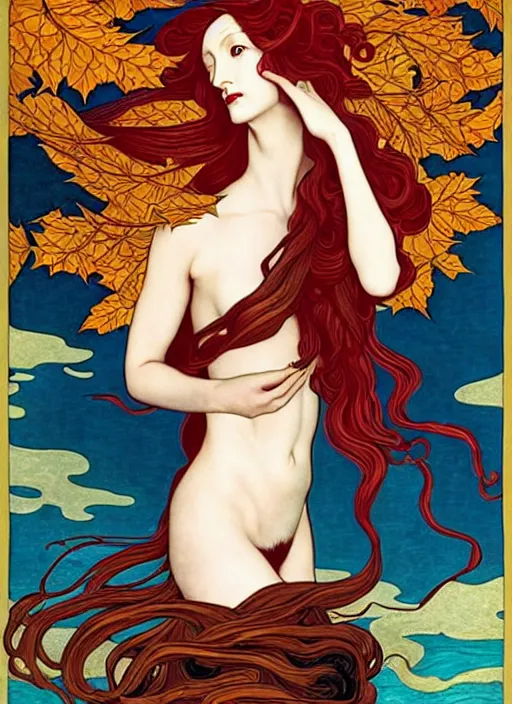 Image similar to 3 Autumn Muses symbolically representing September, October, and November, in a style blending Æon Flux, Peter Chung, Shepard Fairey, Botticelli, Ivan Bilibin, and John Singer Sargent, inspired by pre-raphaelite paintings, shoujo manga, and cool Japanese street fashion, dramatic autumn landscape, leaves falling, deep vivid warm tones, hyper detailed, super fine inking lines, ethereal and otherworldly, 4K extremely photorealistic, Arnold render