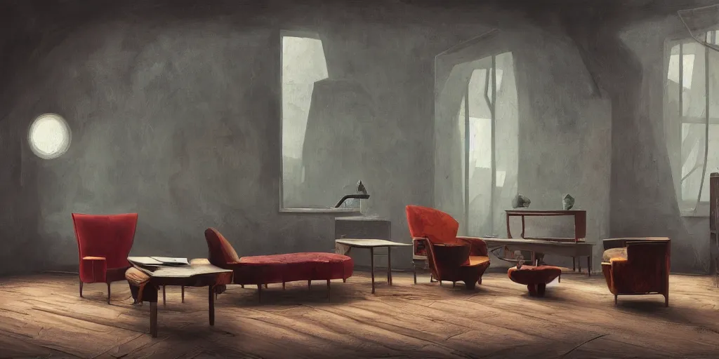 Image similar to furniture collection with organic shapes, design sheet, art deco, vivid colors, Les Edwards, Zdzislaw Beksinski, Carl Gustav Carus, John Harris, Michal Karcz, Zhang Kechun, Mikko Lagerstedt, Scott Listfield, Steven Outram, Jessica Rossier.