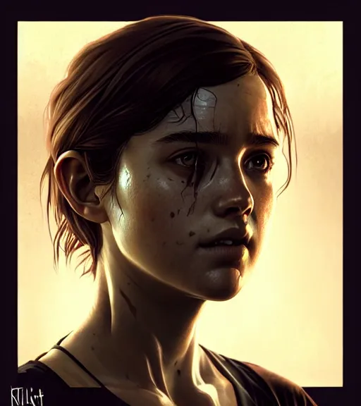 Image similar to symmetry ( ellie from last of us portrait ) ultra detailed, intricate, dynamic lighting, digital art, digital painting, art station, wlop, sharp focus, illustration, art by artgerm and greg rutkowski and alphonse mucha