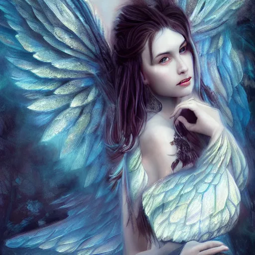 Image similar to a beaufitul painting of a young woman with dragon wings and with dragon scales on her skin, concept art, atmospheric, photo realistic, magical atmosphere