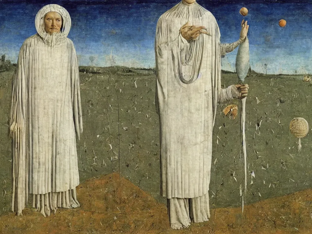 Image similar to tandric deity in white beekeeper suit with star and conch. painting by mikalojus konstantinas ciurlionis, piero della francesca, max ernst, rene magritte