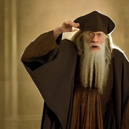 Image similar to william dafoe as dumbledore, film still, cinematic lighting