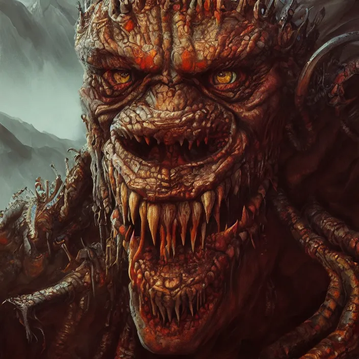 Image similar to close up portrait of a monster in the mountains of hell, oil painting by tomasz jedruszek, cinematic lighting, pen and ink, intricate line, hd, 4 k, million of likes, trending on artstation