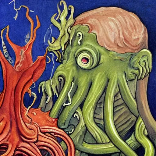 Image similar to a painting of cthulhu and donald trump meeting, in the style of hieronymus bosch