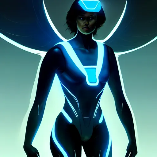 Image similar to tron legacy angel, diffuse lighting, hyper realistic, elegant, concept art, intricate, hyper detailed, smooth, sharp focus, illustration, trending on artstation, art by greg rutkowski and james gurney and alphonse mucha