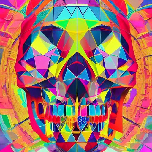 Image similar to Skull, Rainbow geometric architectures blend with organic shapes, Pop Surrealism, Essence of street forms, Geometric structures and multicolored prints, Colorful, High Detail, Symmetry, Poster,