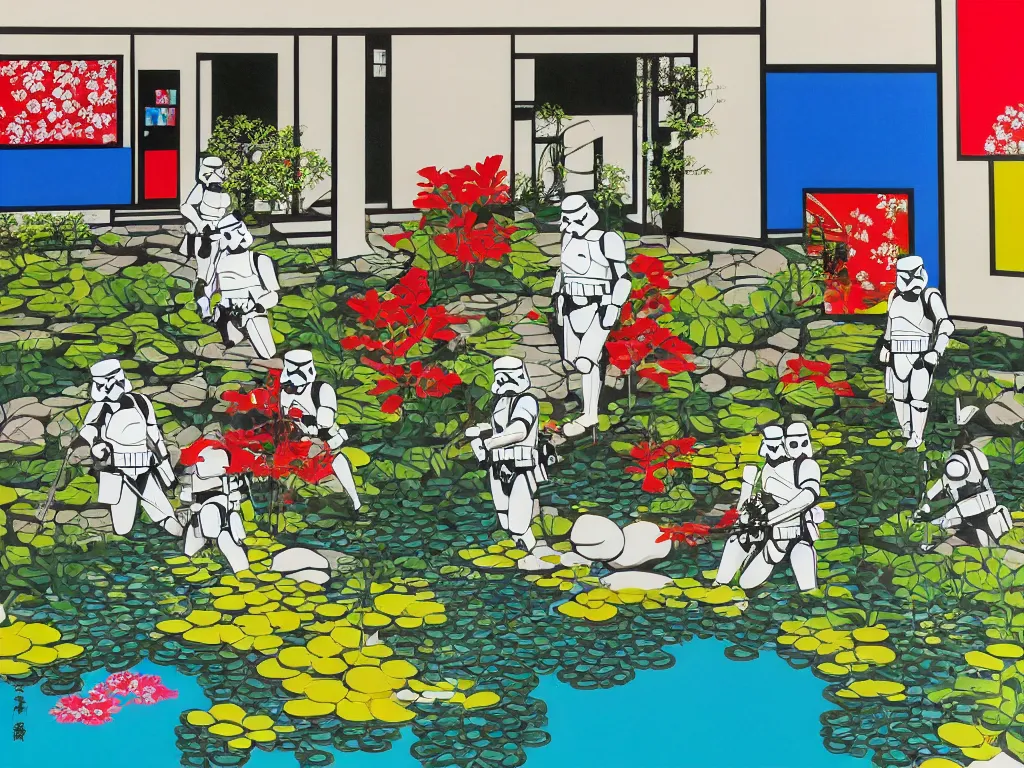 Image similar to detailed composition of the japanese home with a garden and a pond, 2 stormtroopers sitting around it, pop - art style, jacky tsai style, andy warhol style, rich palette, acrylic on canvas